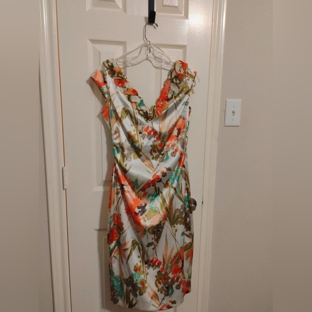 Maggy London White Floral Midi Dress with Orange & Green Print